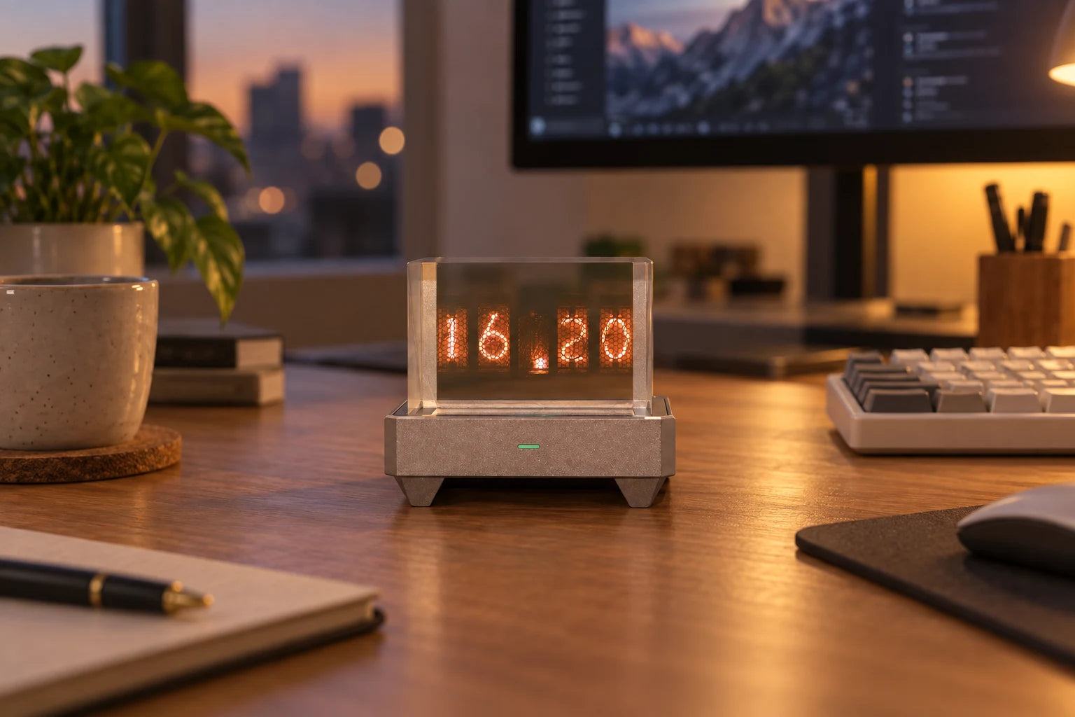 暖かな光のデスクに置かれたHoloCubicの時計